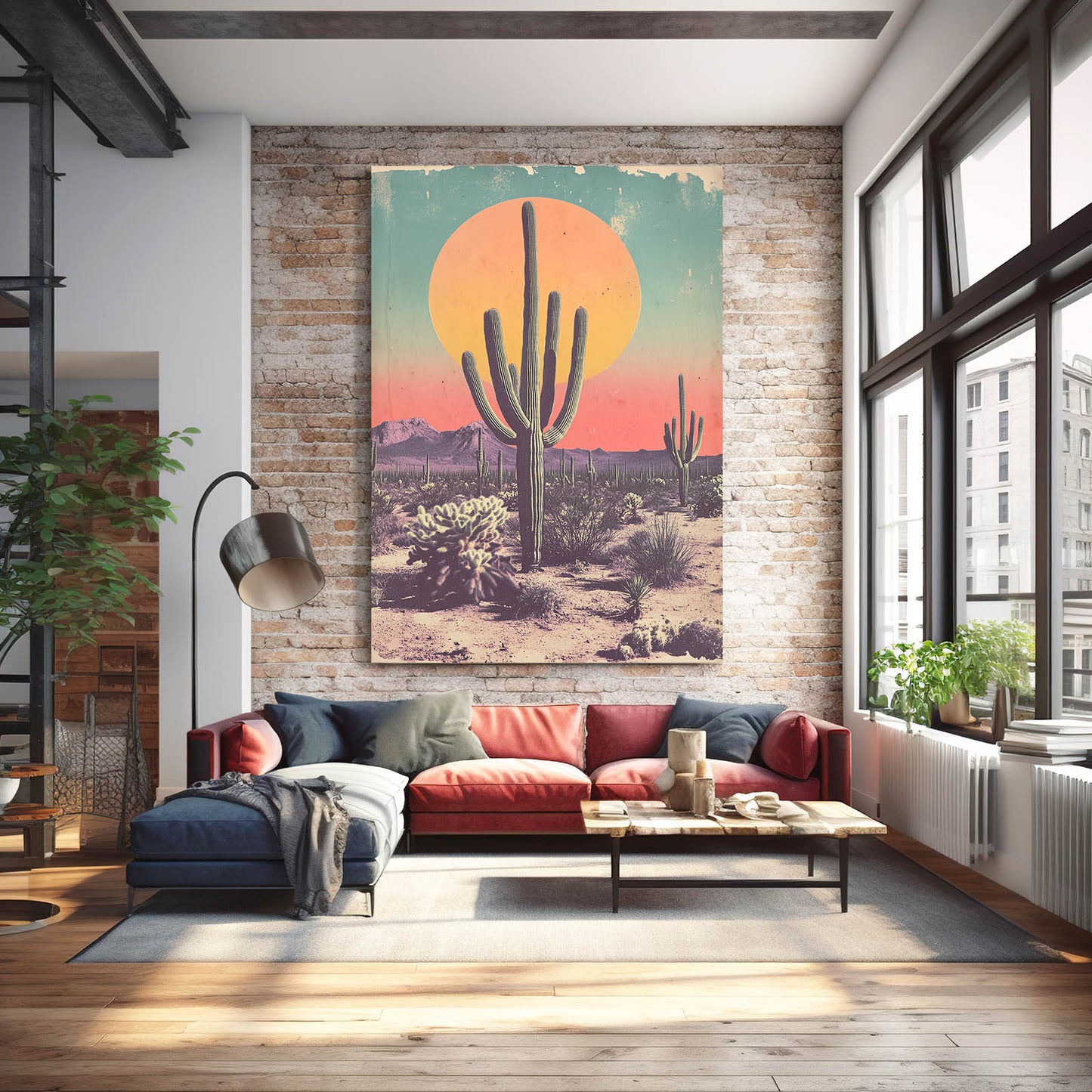 Retro Sun Poster Cactus Wall Decor – styled in a furnished interior