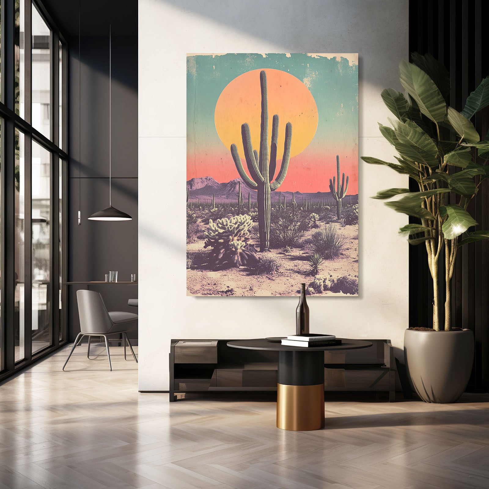 Retro Sun Poster Cactus Wall Decor – styled in a furnished interior