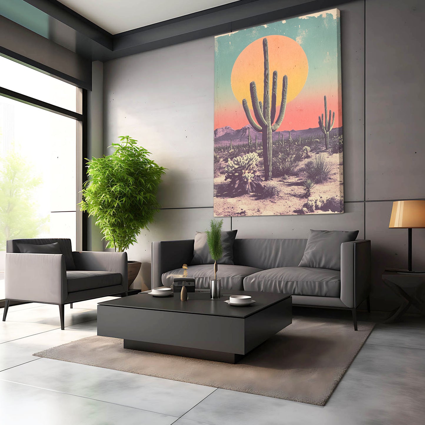 Retro Sun Poster Cactus Wall Decor – styled in a furnished interior