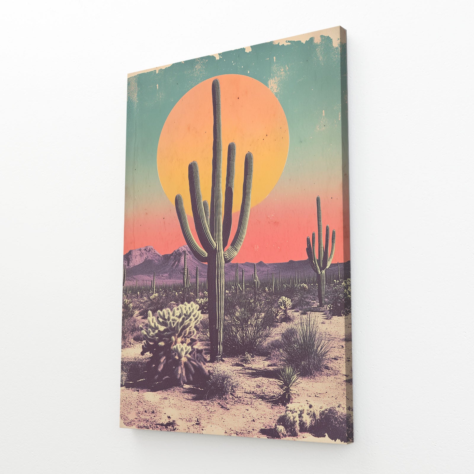 Retro Sun Poster Cactus Wall Decor – angled canvas view on white background