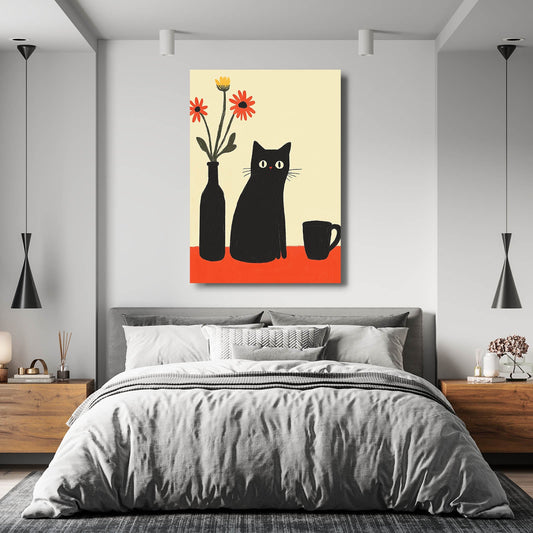 Retro Table Cat Wall Art — cute canvas print in white tones, view 3