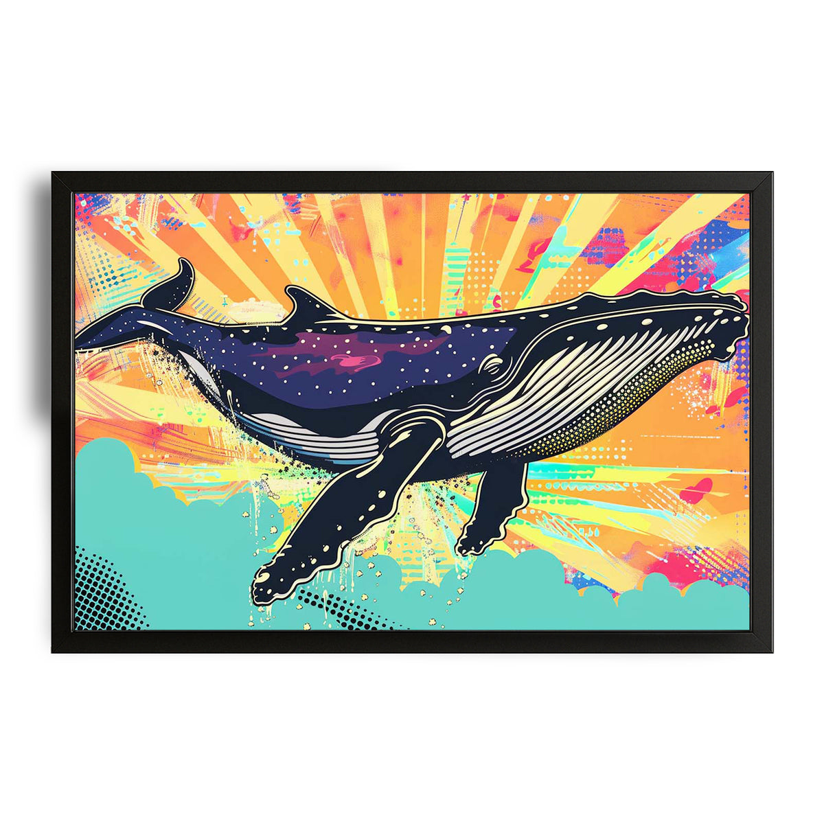 Retro Whale Art — cool canvas print in blue tones, with Premium Black frame on white background