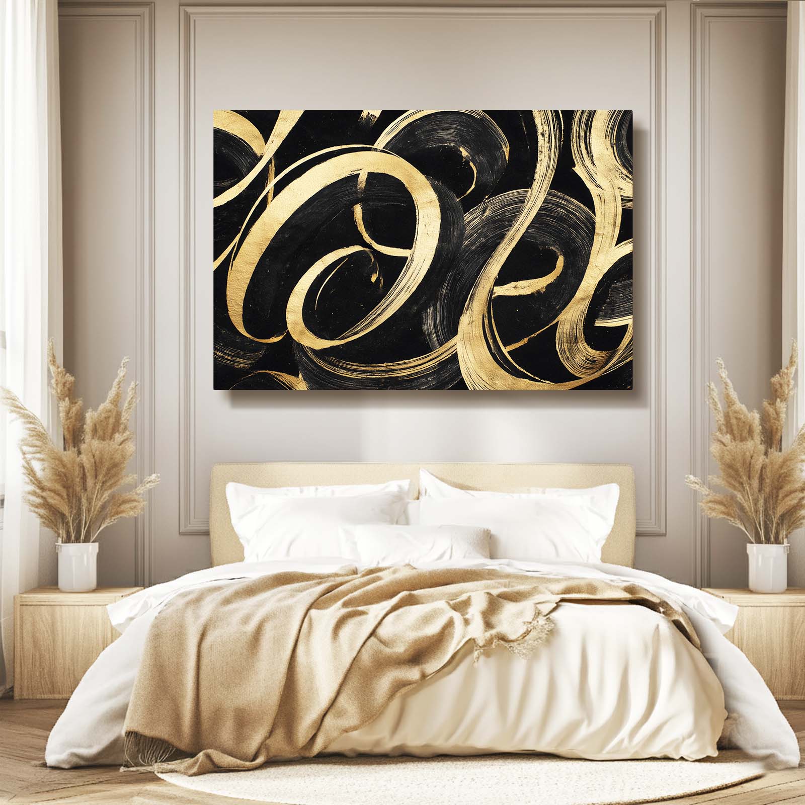 Ribbon Swirl Gold Canvas Art – styled in a furnished interior
