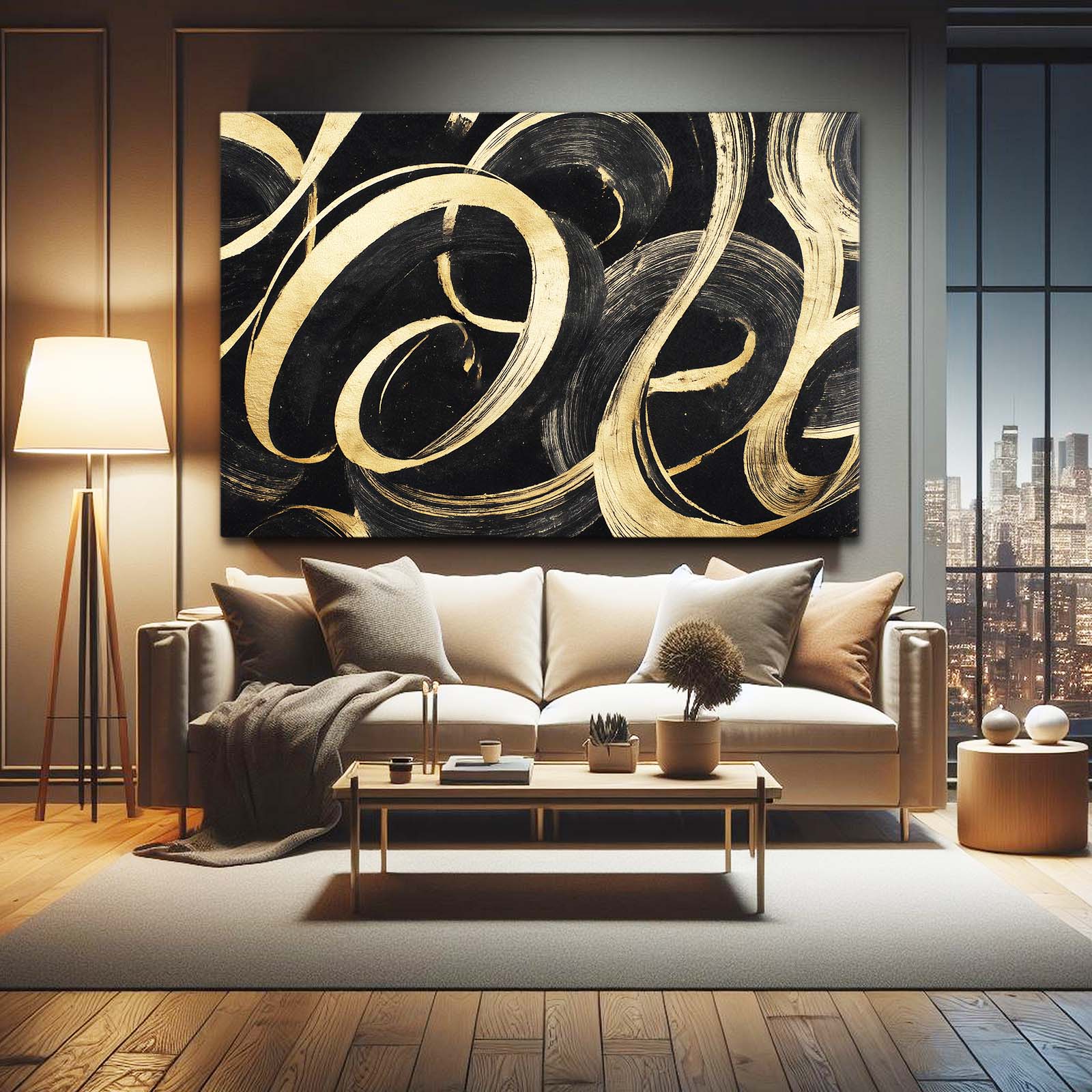 Ribbon Swirl Gold Canvas Art – styled in a furnished interior