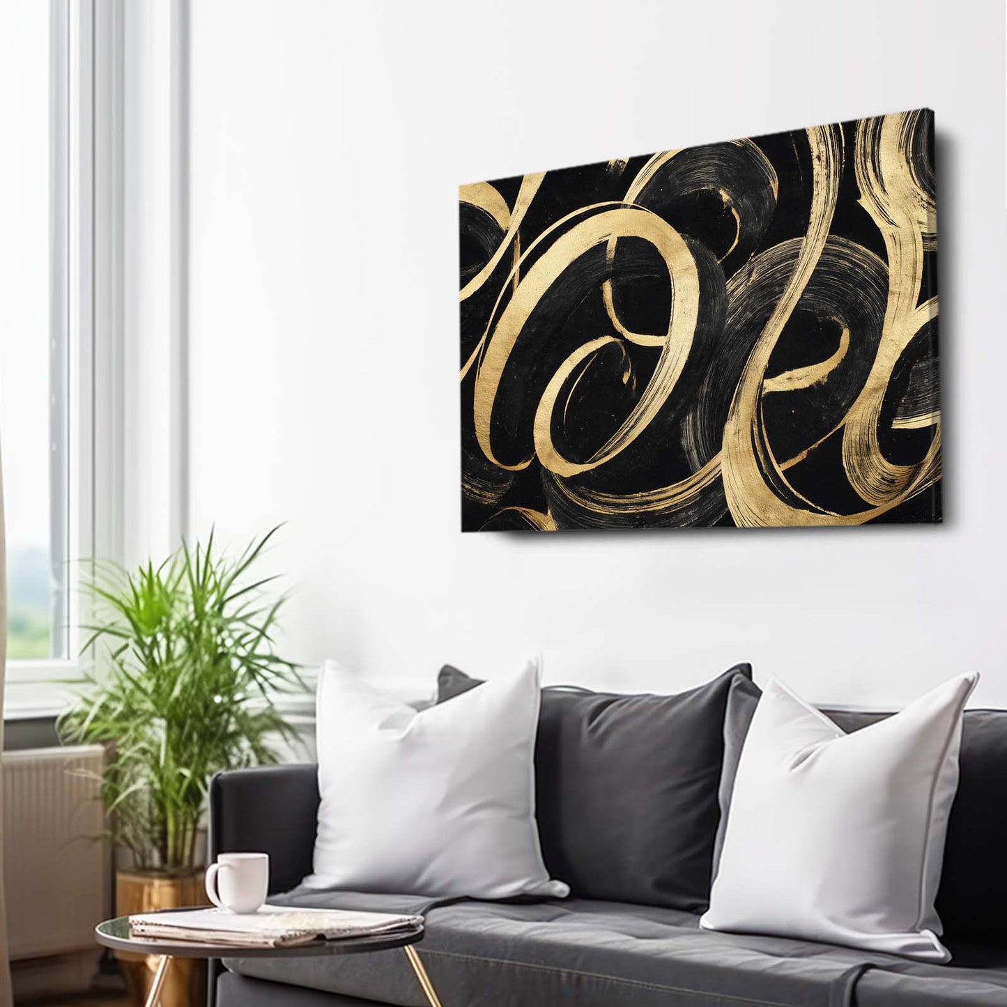 Ribbon Swirl Gold Canvas Art – styled in a furnished interior