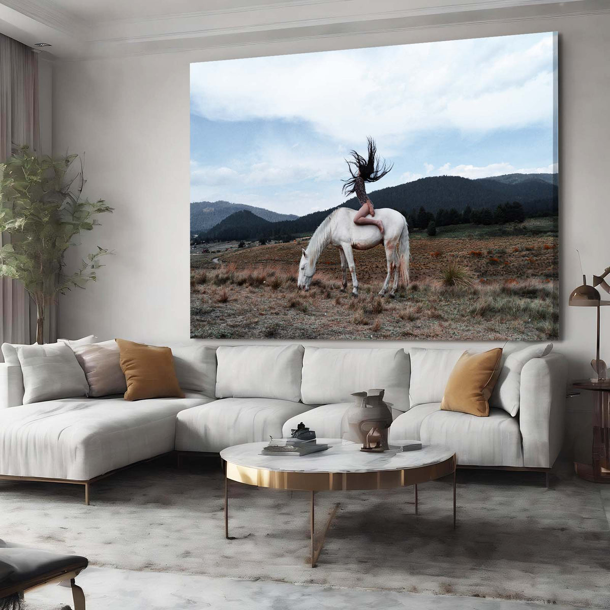 Rider Ridge Vista Horse Wall Decor — photography canvas print, styled in a furnished interior