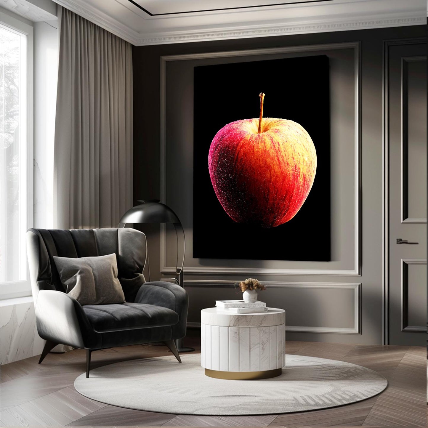 Ripe On Black Apple Art – styled in a furnished interior