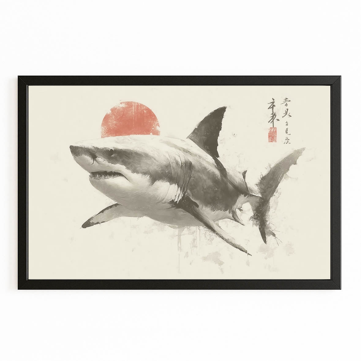 Rising Sun Ink Sketch Shark Wall Decor – with Premium Black frame on white background