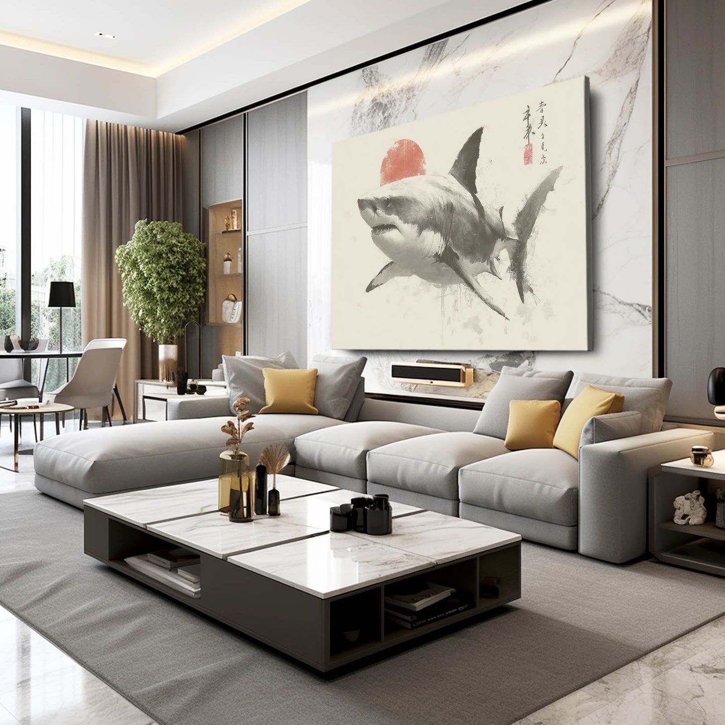 Rising Sun Ink Sketch Shark Wall Decor – styled in a furnished interior