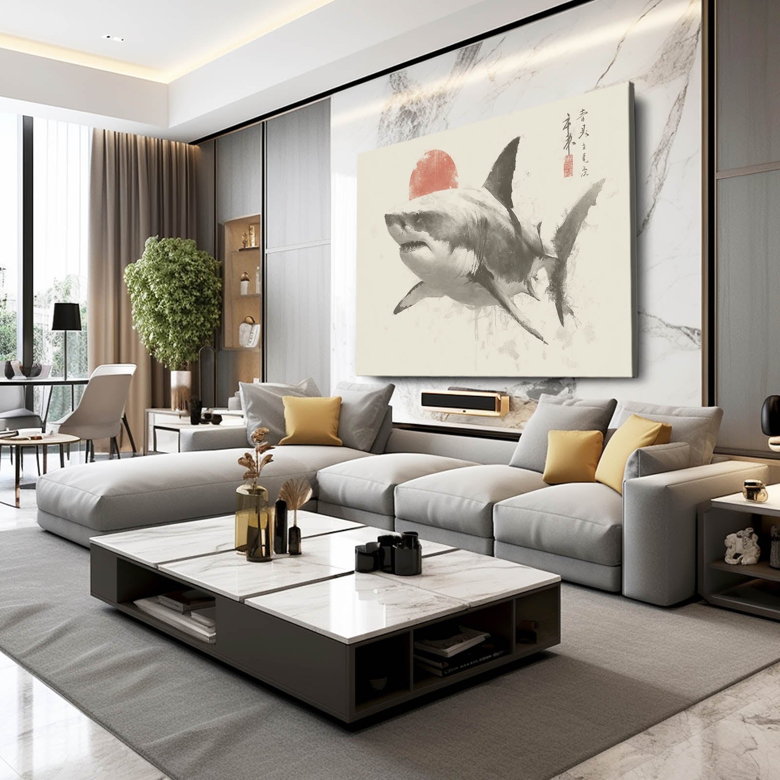 Rising Sun Ink Sketch Shark Wall Decor – styled in a furnished interior