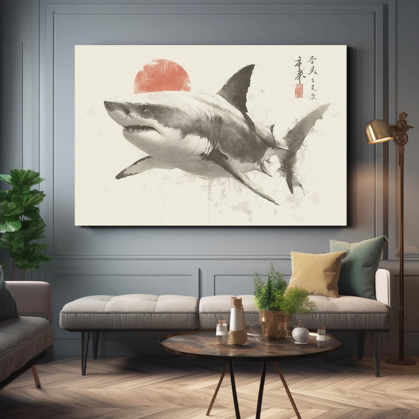 Rising Sun Ink Sketch Shark Wall Decor – styled in a furnished interior