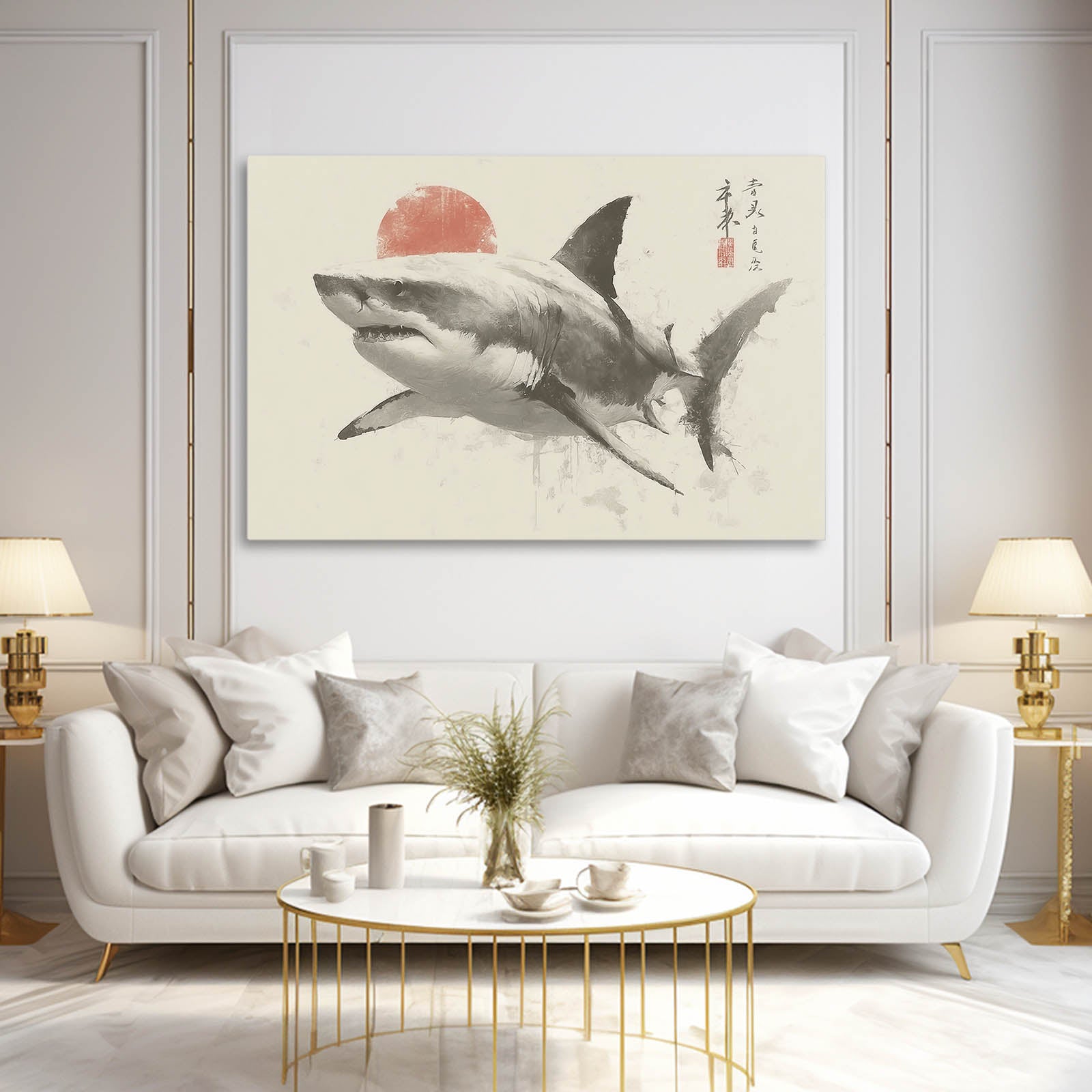 Rising Sun Ink Sketch Shark Wall Decor – styled in a furnished interior
