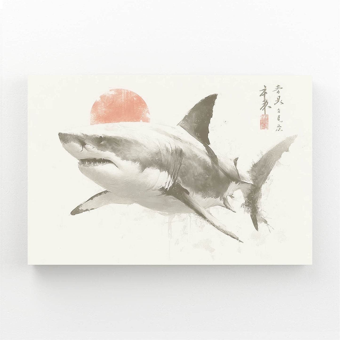 Rising Sun Ink Sketch Shark Wall Decor – angled canvas view on white background