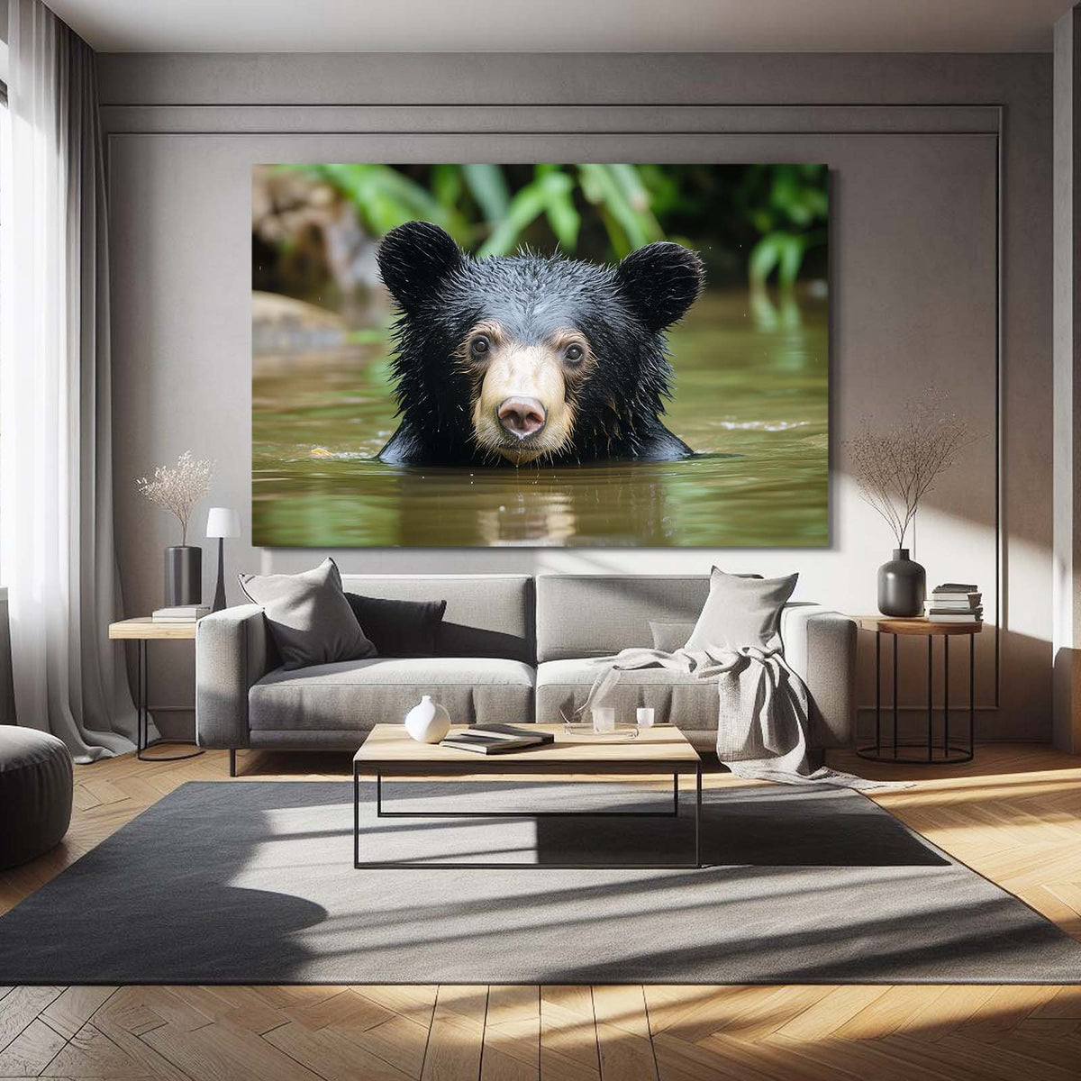 River Bath Cub Bear Prints — photography canvas print, styled in a furnished interior
