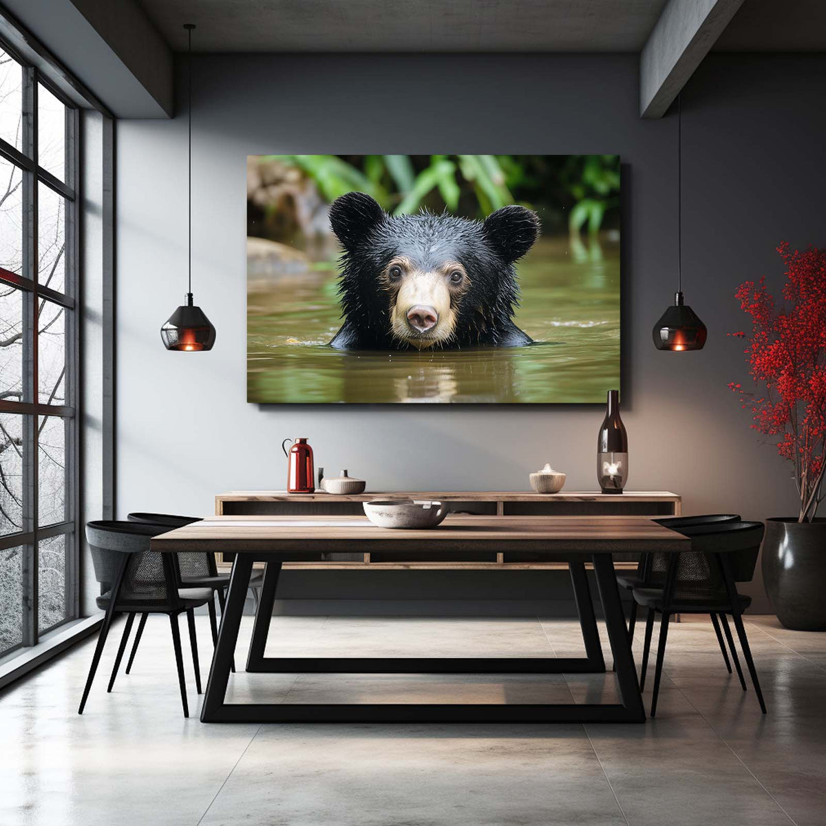 River Bath Cub Bear Prints — photography canvas print, styled in a furnished interior