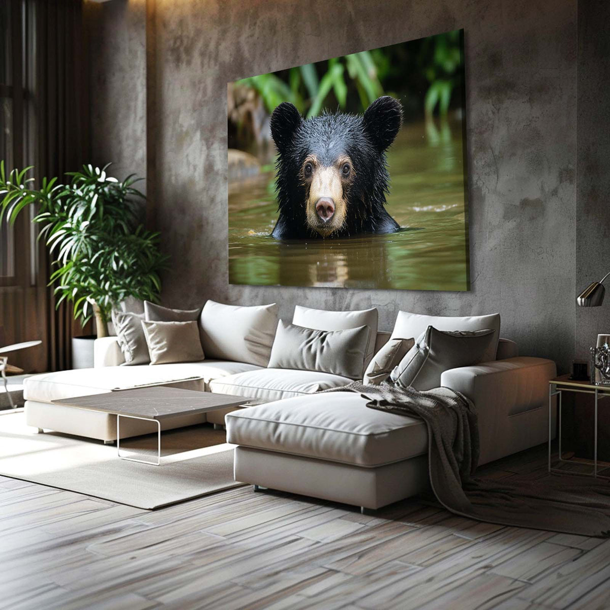 River Bath Cub Bear Prints — photography canvas print, styled in a furnished interior
