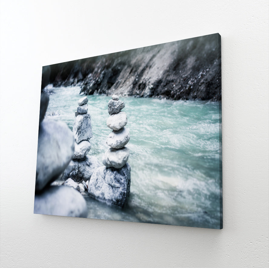 River Cairn Nature Photography – angled canvas view on white background