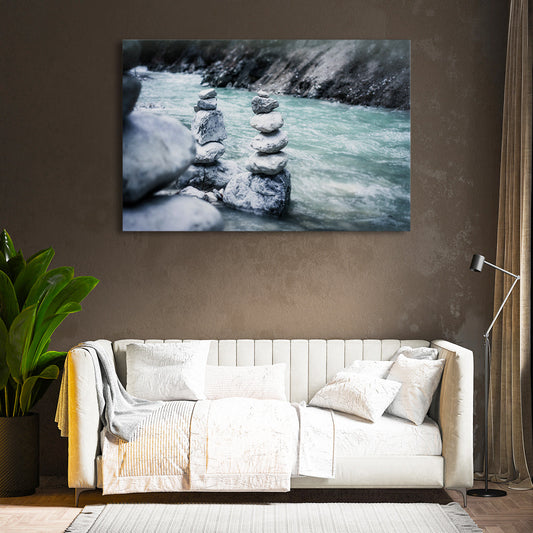 River Cairn Nature Photography — photography canvas print, styled in a furnished interior