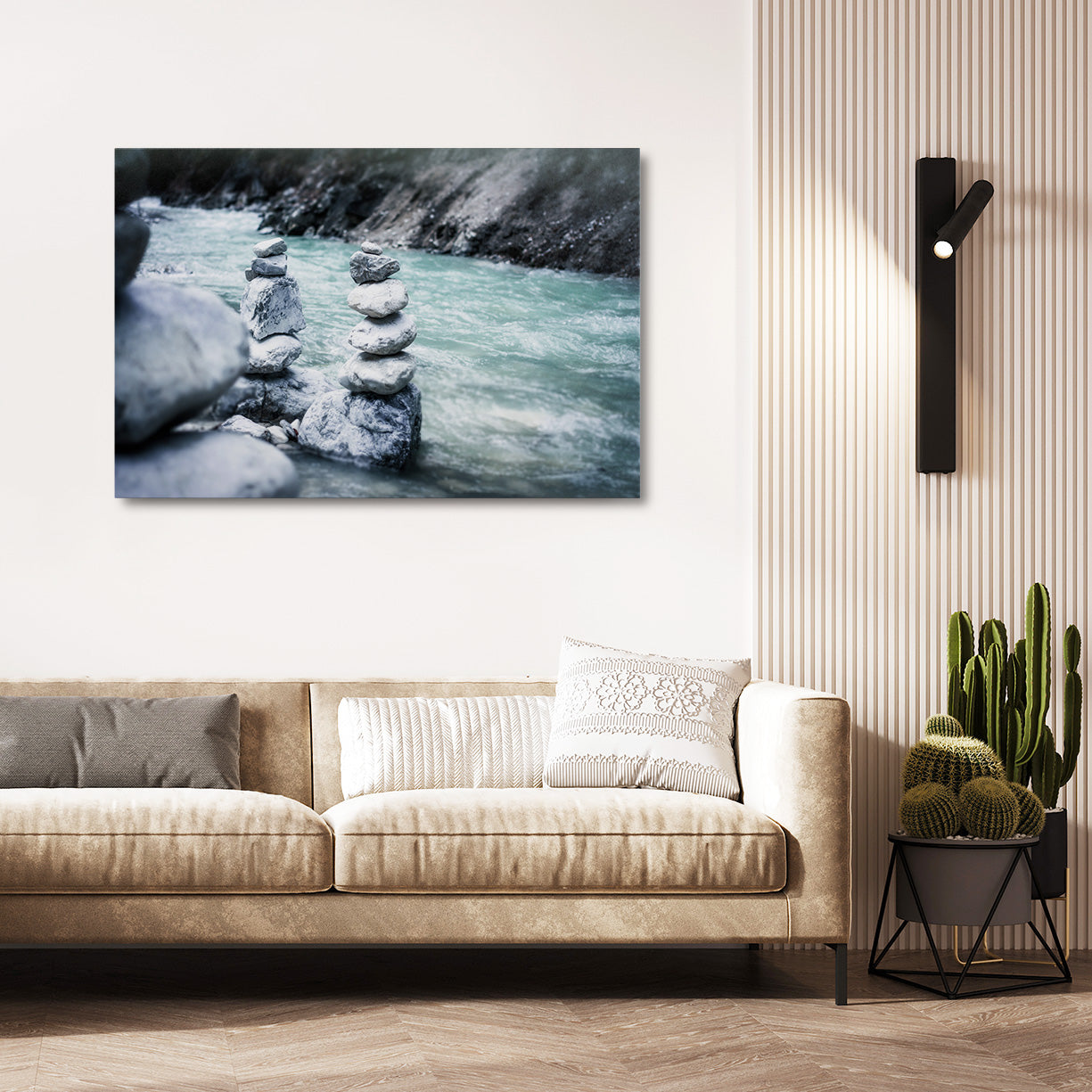 River Cairn Nature Photography – above a beige sofa with panel moulding