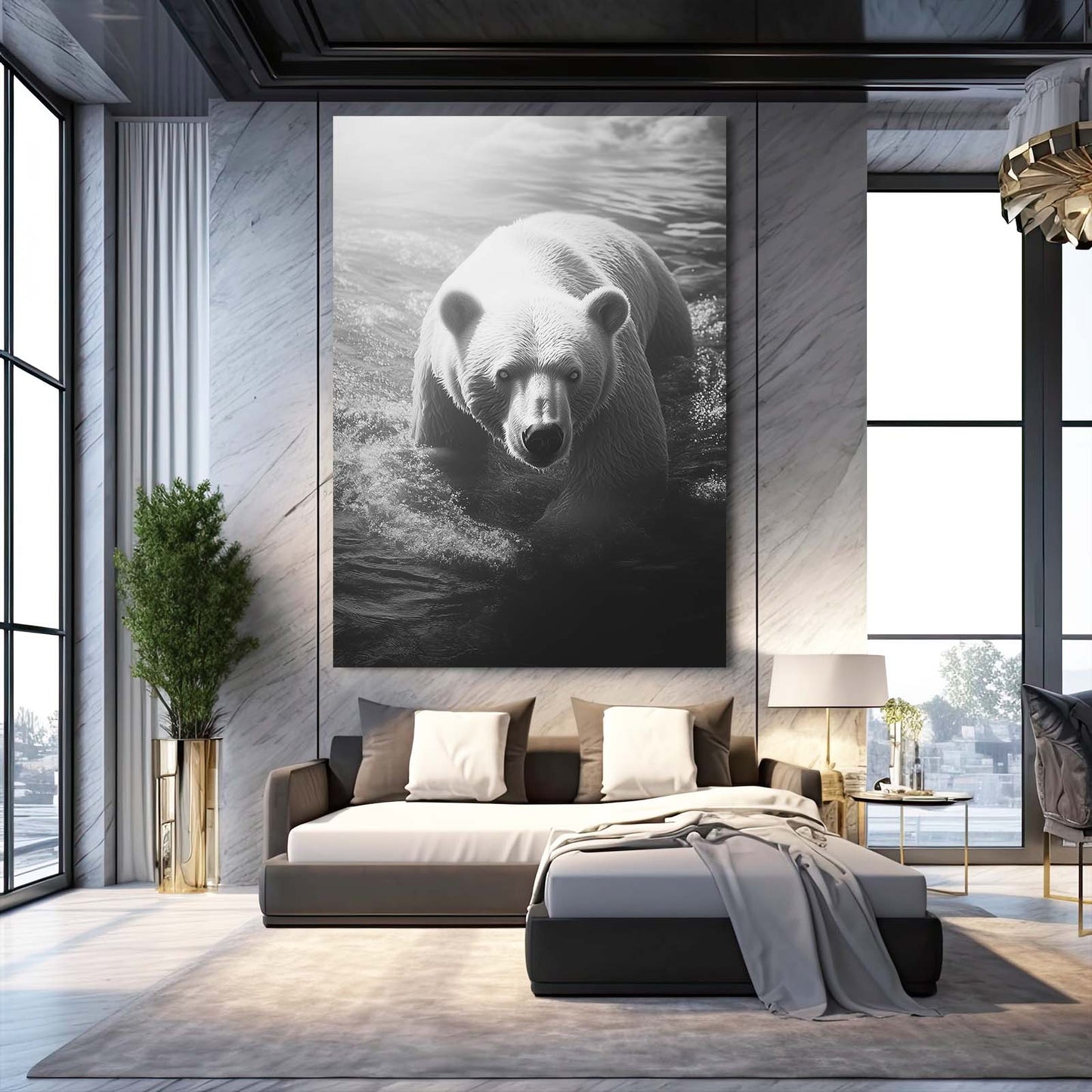 River Swim Monochrome Bear Art — photography canvas print, styled in a furnished interior