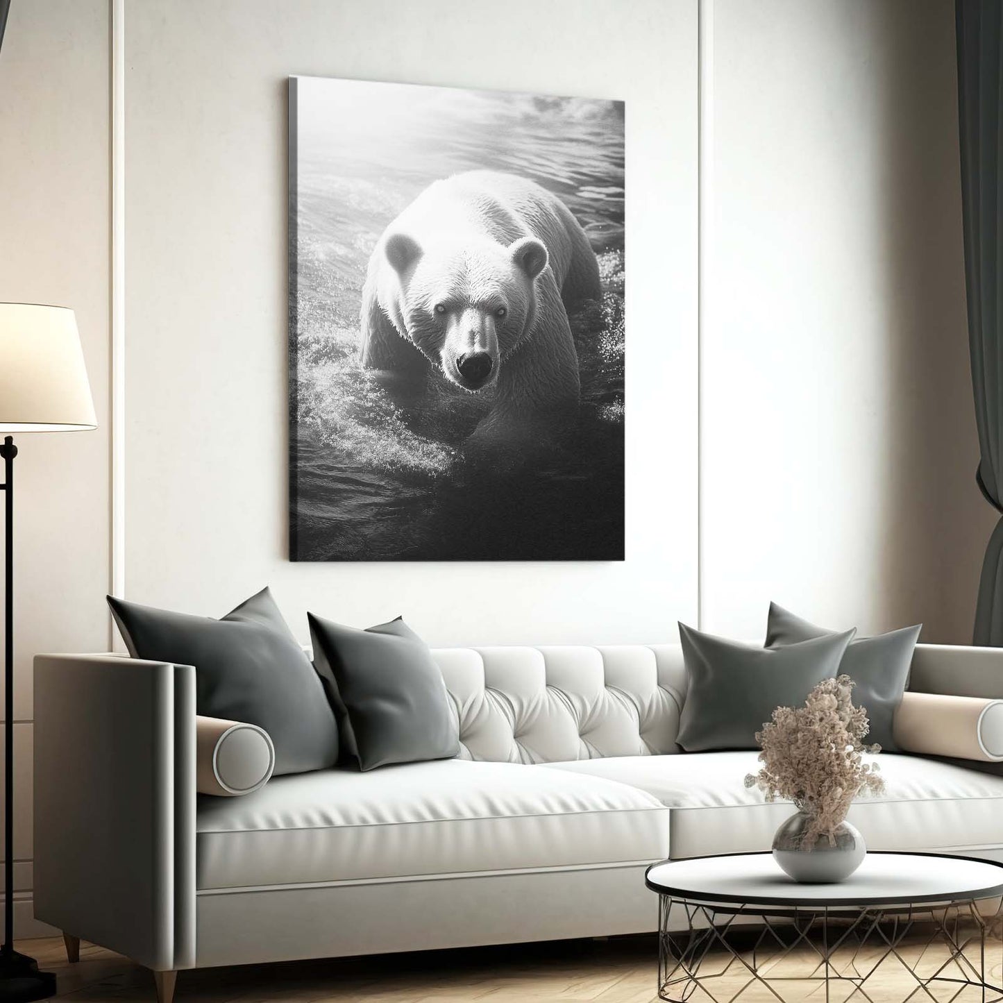 River Swim Monochrome Bear Art — photography canvas print, styled in a furnished interior