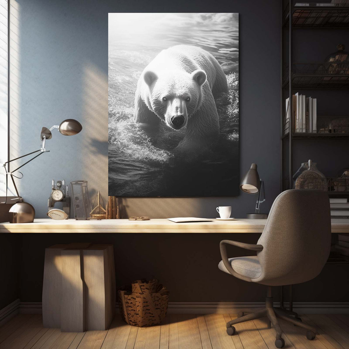 River Swim Monochrome Bear Art — photography canvas print, styled in a furnished interior