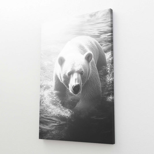 River Swim Monochrome Bear Art — photography canvas print, angled canvas view on white background