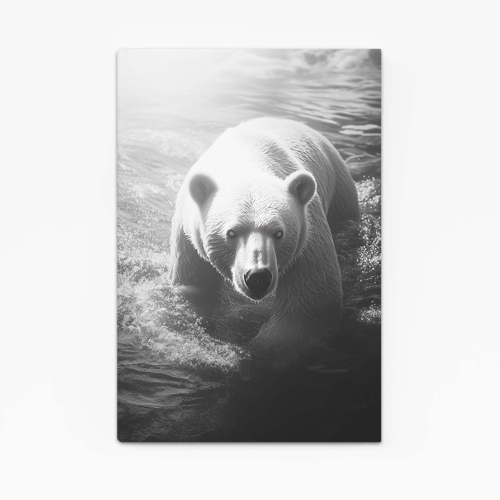 River Swim Monochrome Bear Art — photography canvas print, angled canvas view on white background