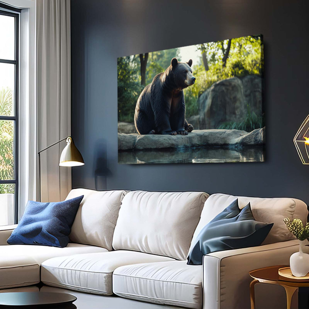 Riverside Rock Lounge Bear Prints — photography canvas print, styled in a furnished interior