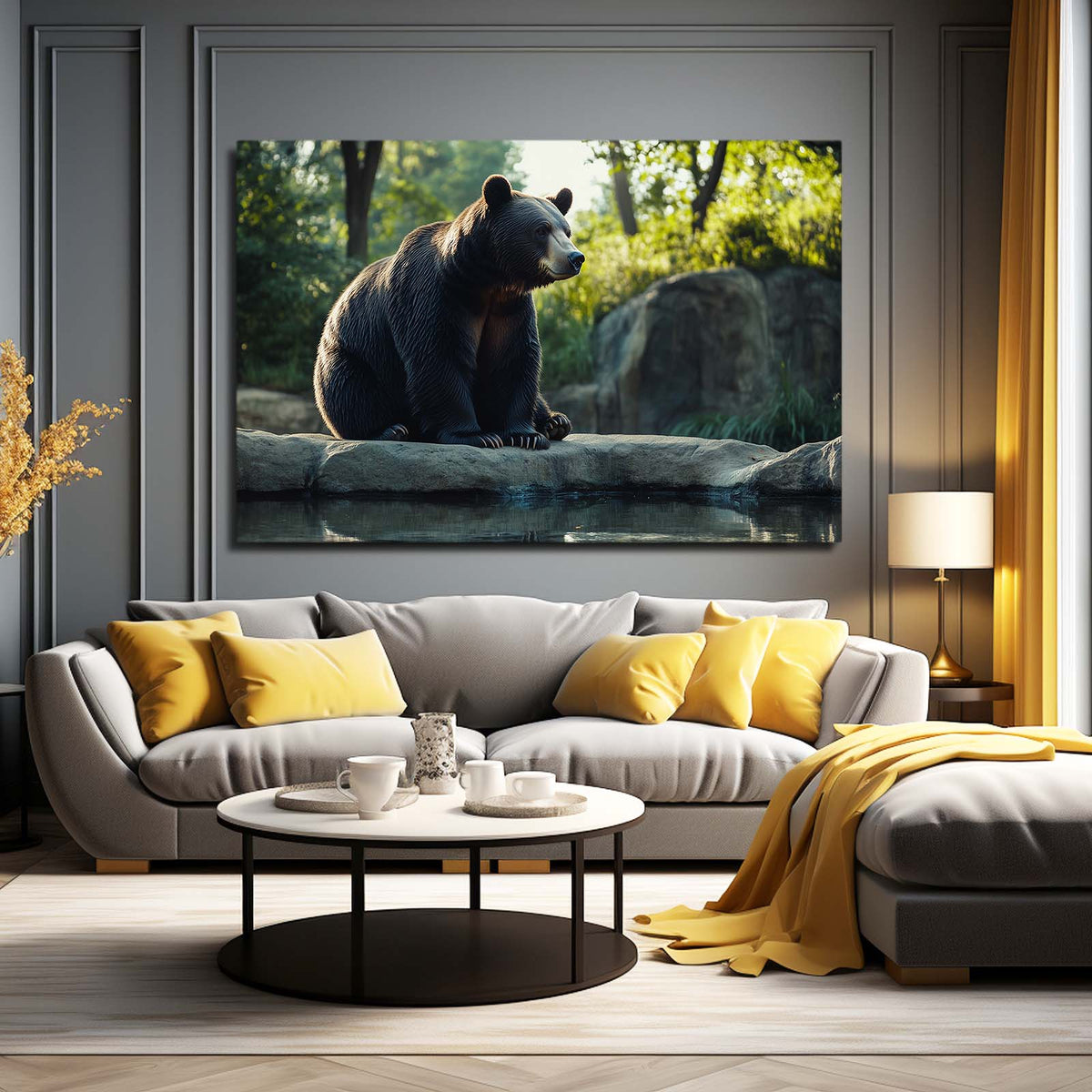 Riverside Rock Lounge Bear Prints — photography canvas print, styled in a furnished interior