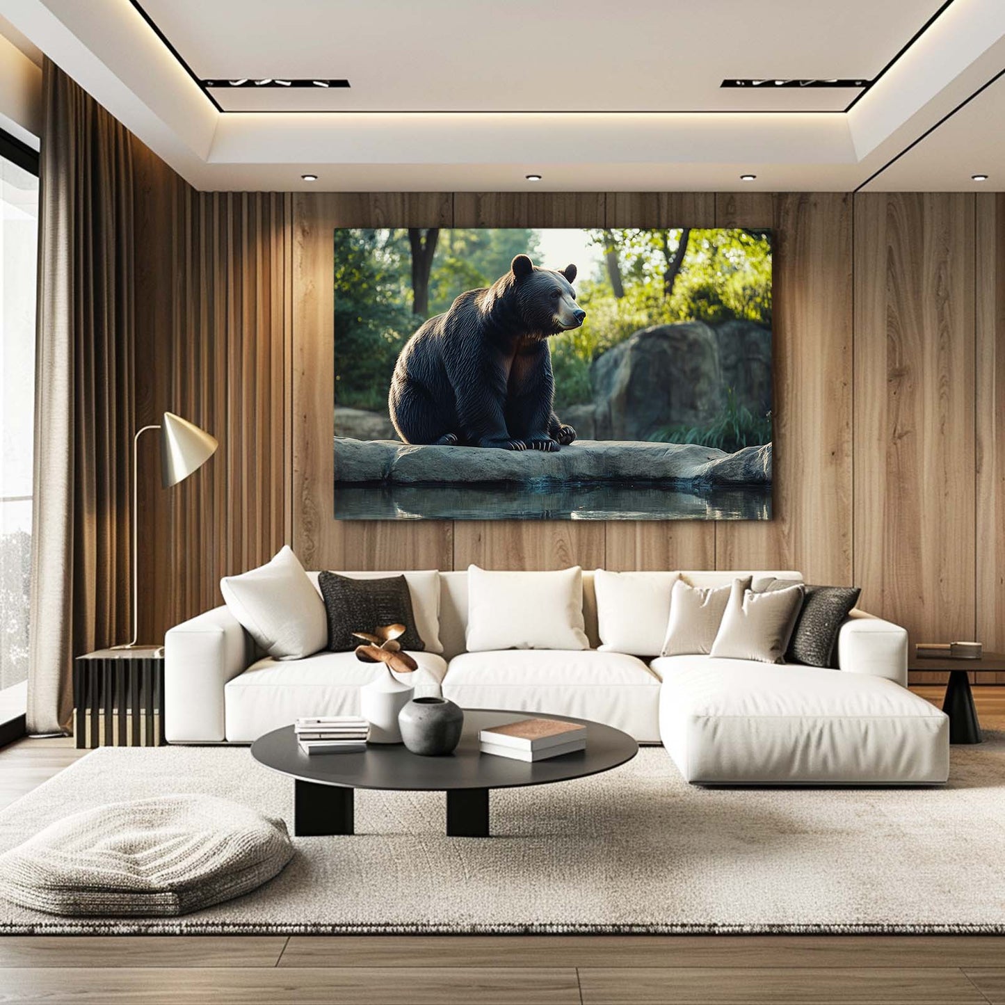 Riverside Rock Lounge Bear Prints — photography canvas print, styled in a furnished interior