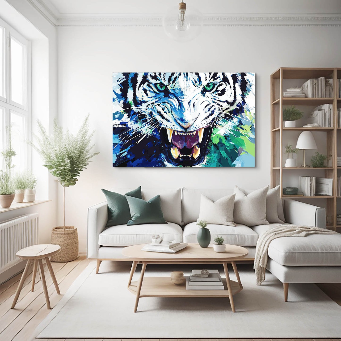 Roaring Ink Splash Tiger Canvas Art — contemporary canvas print, styled in a furnished interior