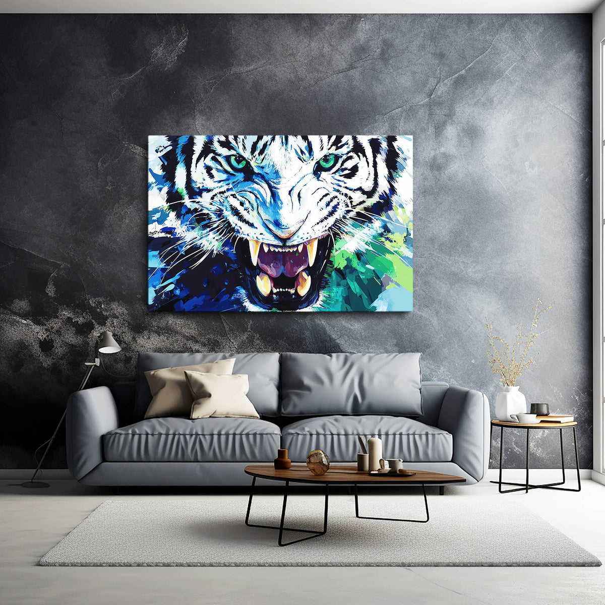 Roaring Ink Splash Tiger Canvas Art — contemporary canvas print, styled in a furnished interior