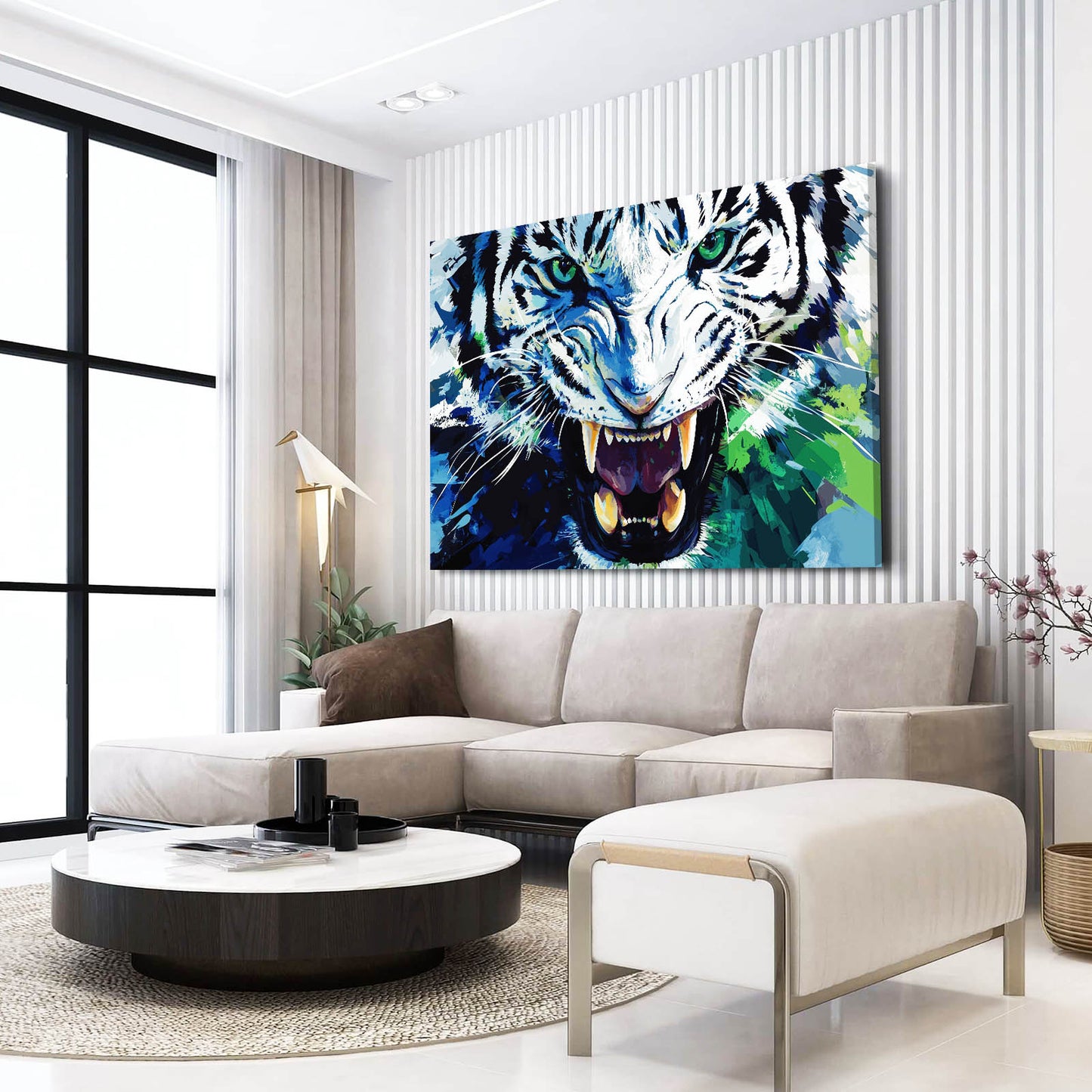 Roaring Ink Splash Tiger Canvas Art — contemporary canvas print, styled in a furnished interior