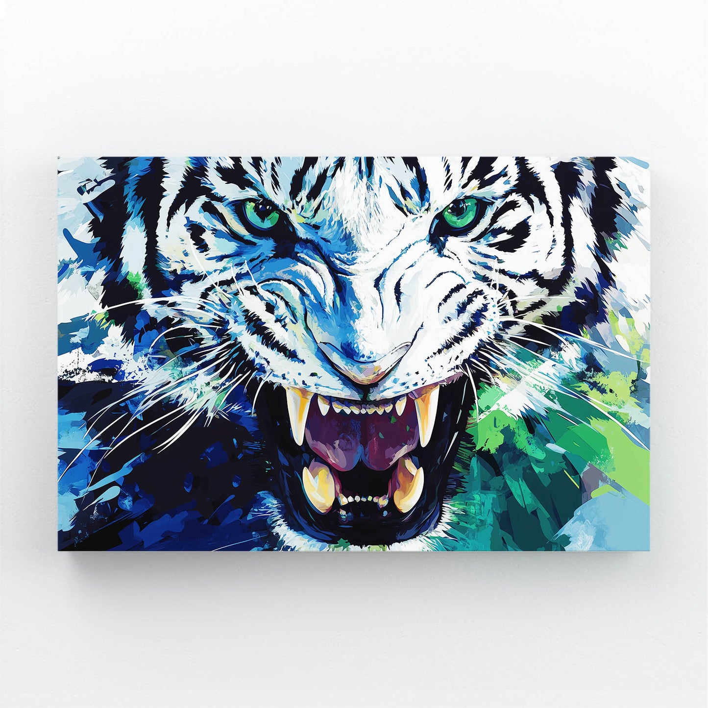 Roaring Ink Splash Tiger Canvas Art — contemporary canvas print, angled canvas view on white background