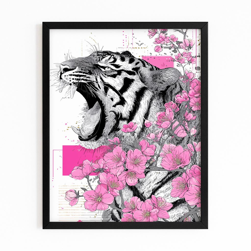 Roaring Tiger Sketch Cherry Blossom Prints – with Premium Black frame on white background