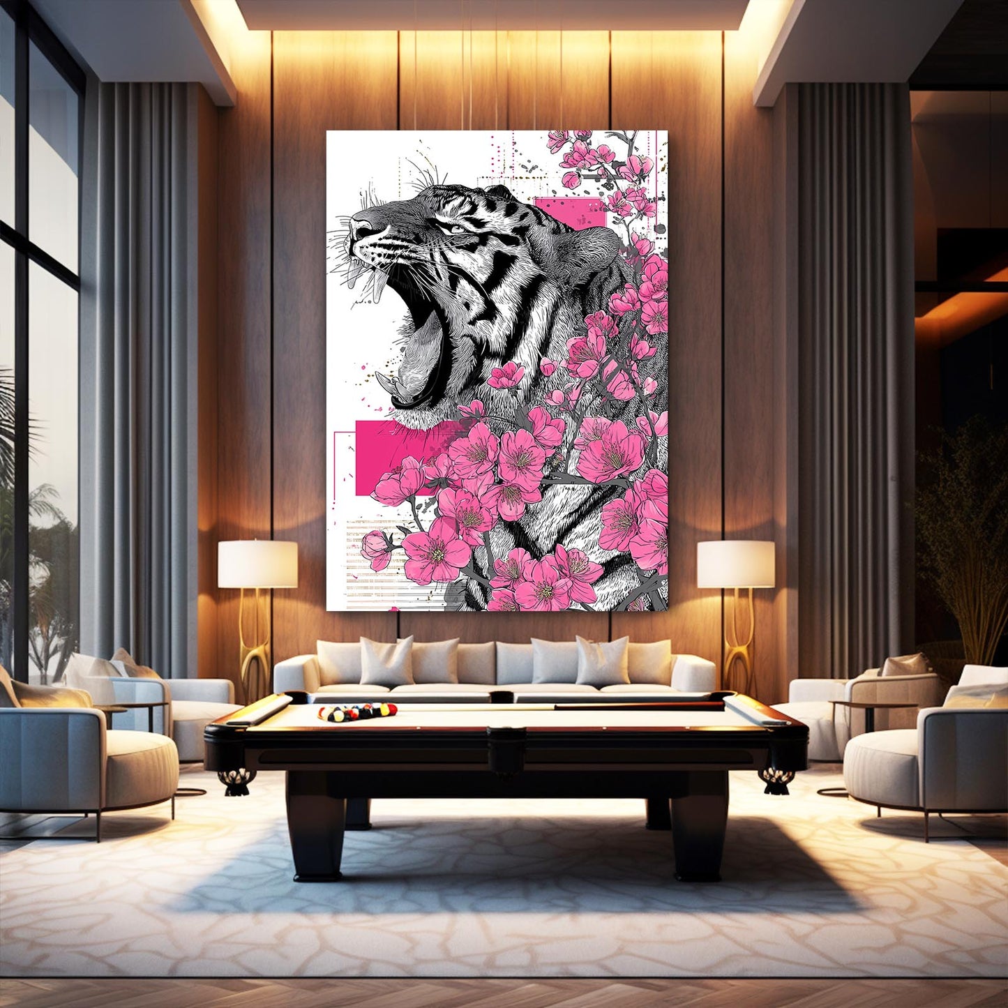 Roaring Tiger Sketch Cherry Blossom Prints – styled in a furnished interior