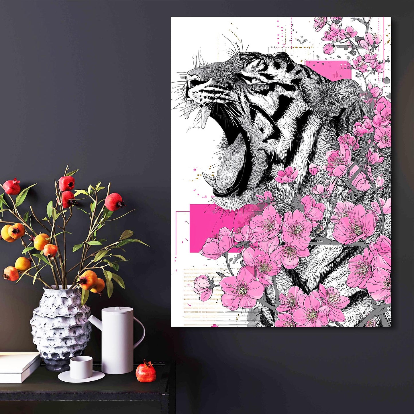 Roaring Tiger Sketch Cherry Blossom Prints – styled in a furnished interior