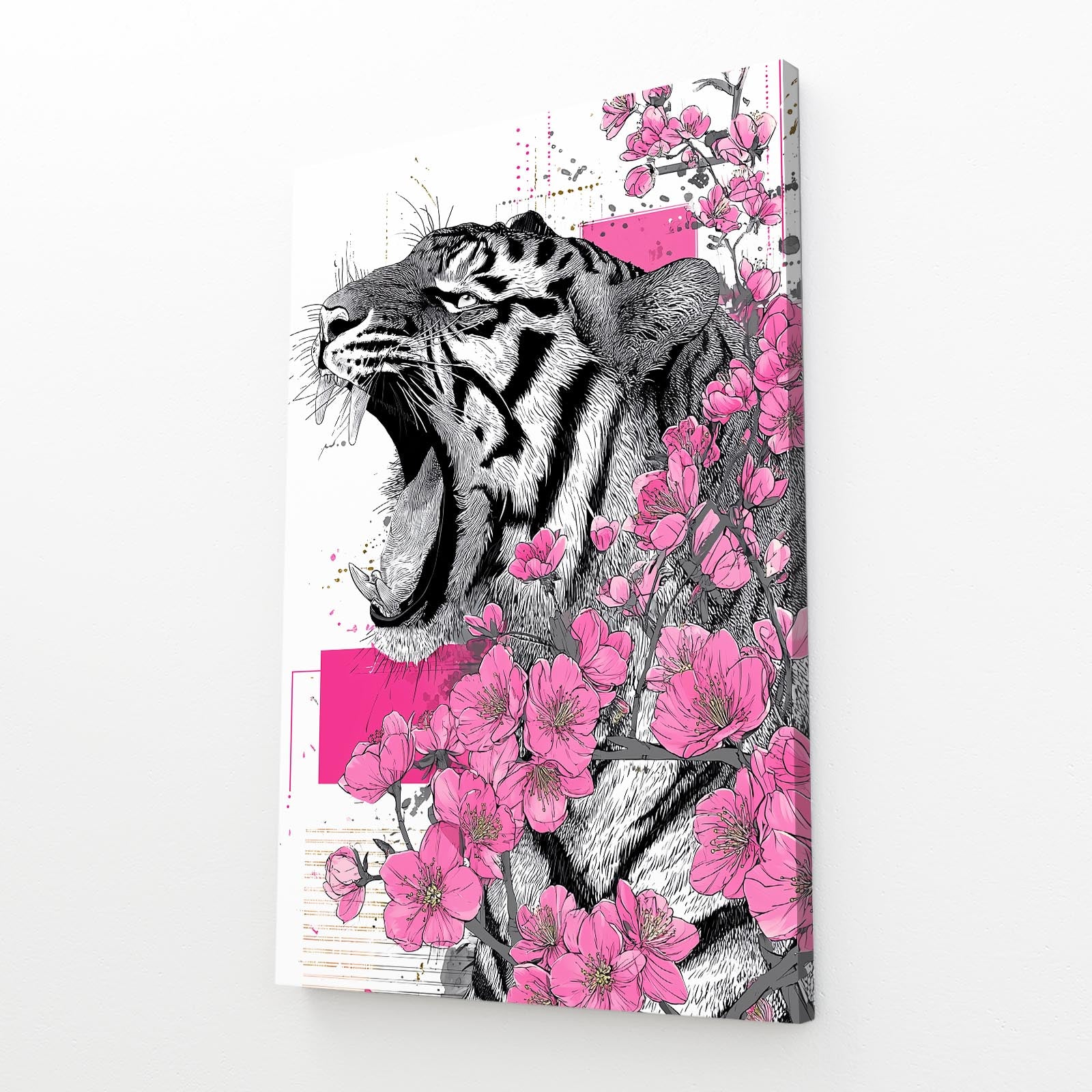Roaring Tiger Sketch Cherry Blossom Prints – angled canvas view on white background