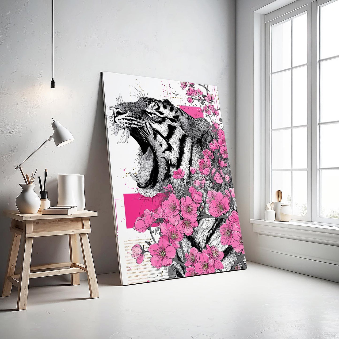 Roaring Tiger Sketch Cherry Blossom Prints – styled in a furnished interior