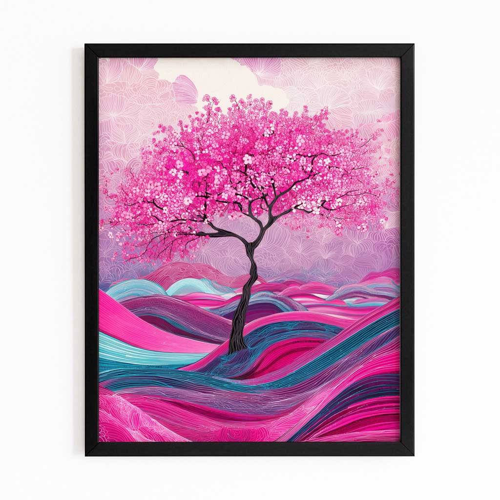 Rolling Pink Waves Cherry Blossom Wall Decor – with Premium Black frame on white background