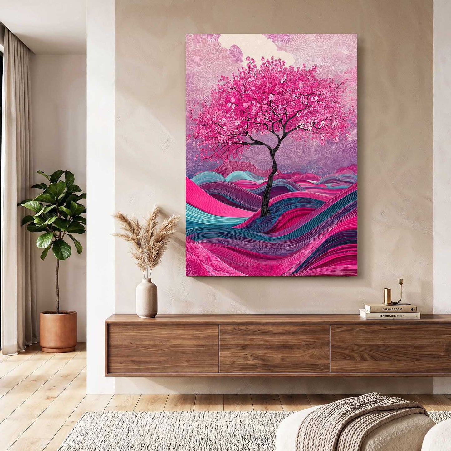 Rolling Pink Waves Cherry Blossom Wall Decor – styled in a furnished interior