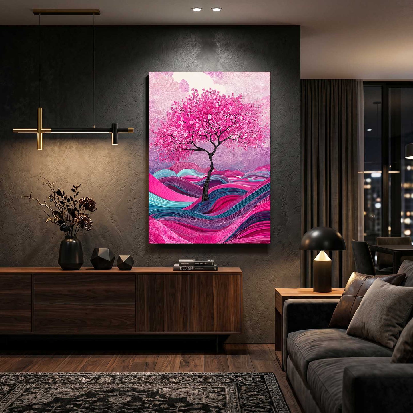 Rolling Pink Waves Cherry Blossom Wall Decor – styled in a furnished interior