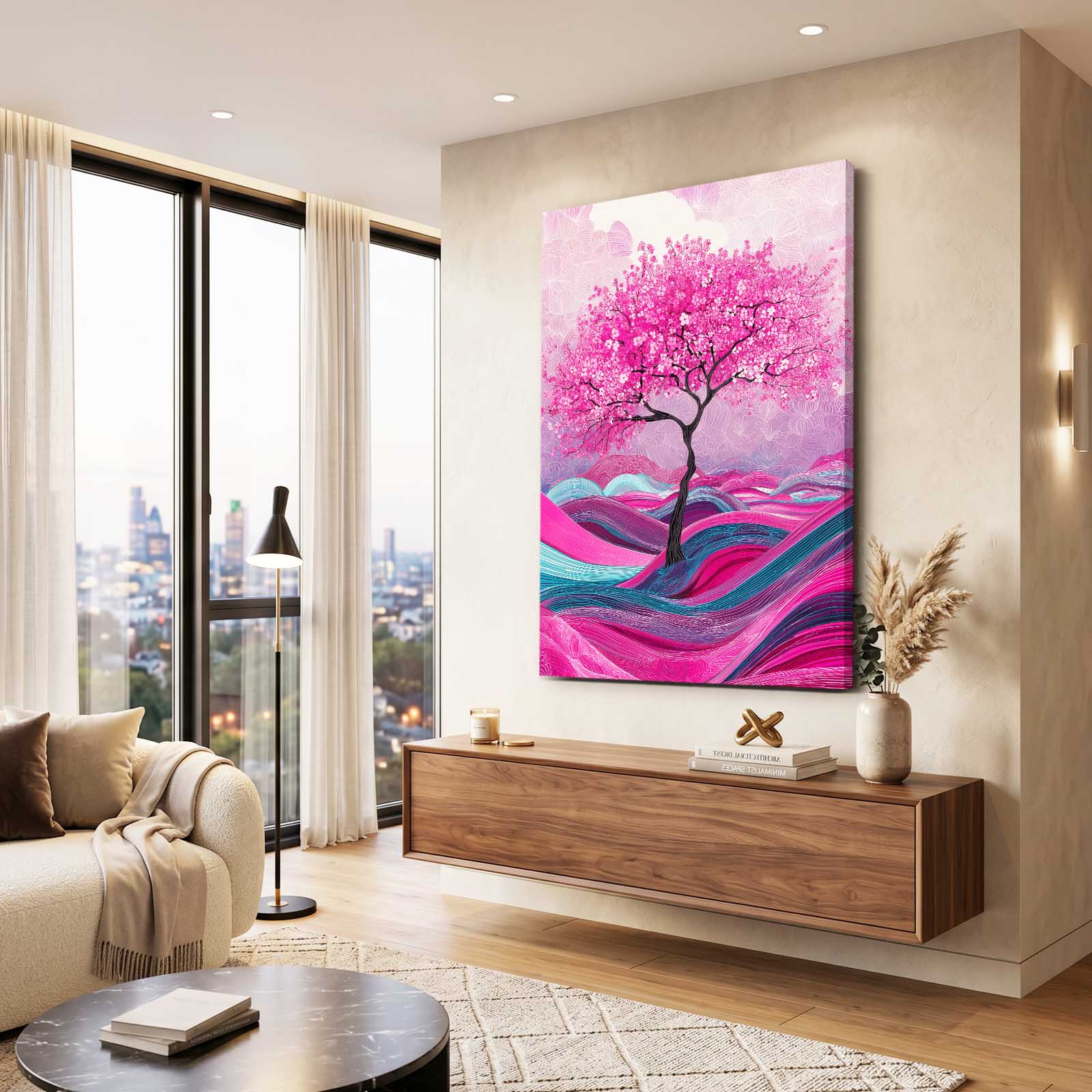Rolling Pink Waves Cherry Blossom Wall Decor – styled in a furnished interior