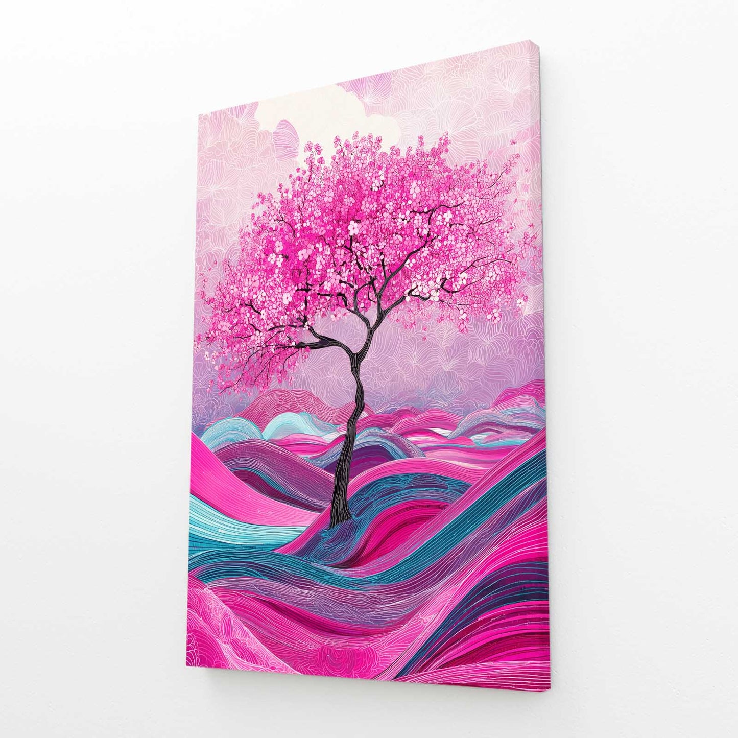 Rolling Pink Waves Cherry Blossom Wall Decor – angled canvas view on white background