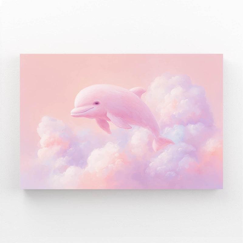 Rose Cloud Dolphin Canvas – pink dolphin swimming through rose-colored clouds