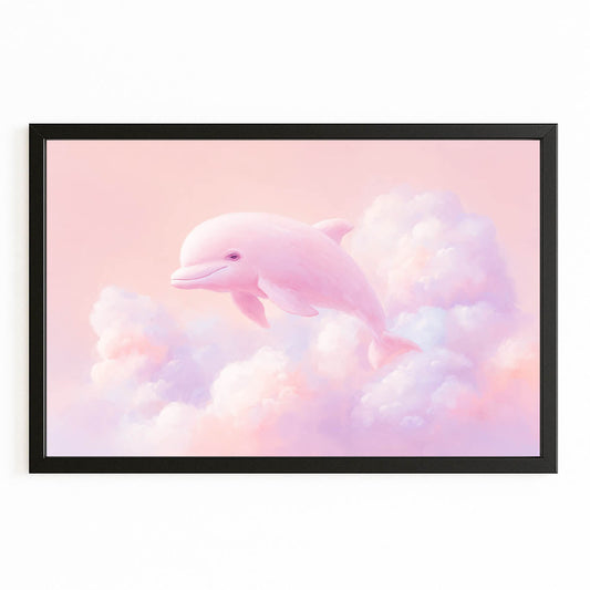 Rose Cloud Dolphin Canvas – with Premium Black wood frame on white background