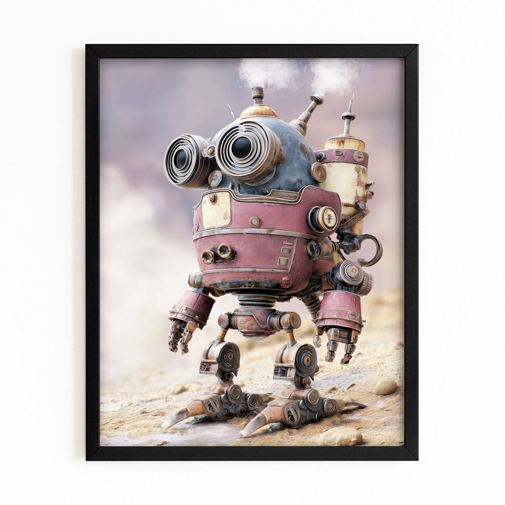 Rose Cloud Robot Steampunk Canvas – with Premium Black frame on white background