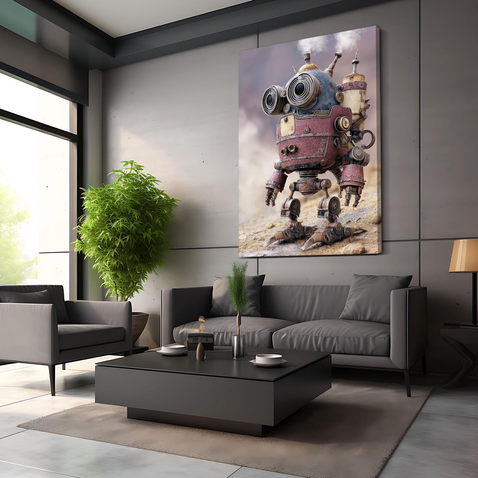 Rose Cloud Robot Steampunk Canvas – styled in a furnished interior