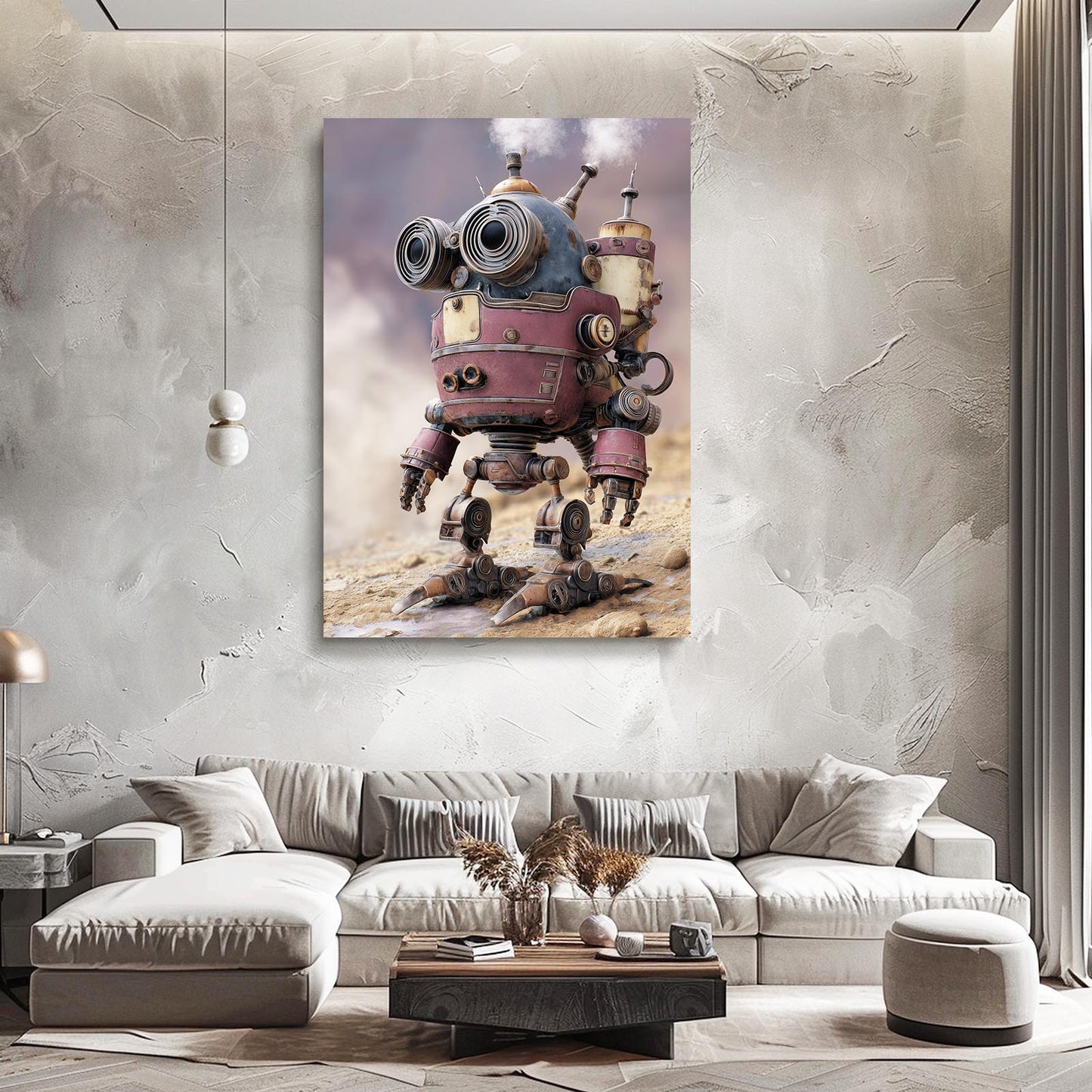 Rose Cloud Robot Steampunk Canvas – styled in a furnished interior